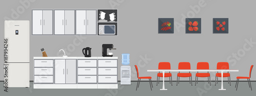 Office kitchen. Dining room in office. There are kitchen cabinets, a fridge, a table, chairs, a microwave, a kettle and coffee machine in the image. There are pictures with fruits on the wall. Vector