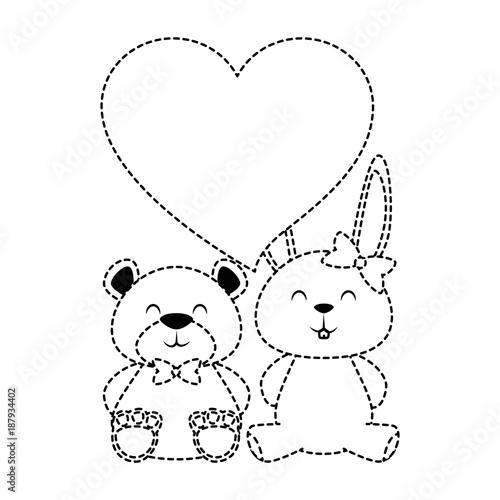 cute bear teddy and rabbit with heart