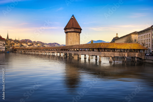 Lucerne, Switzerland. Historic city center with its famous Chapel Bridge and Mt. Pilatus on the background. (Vierwaldstattersee),