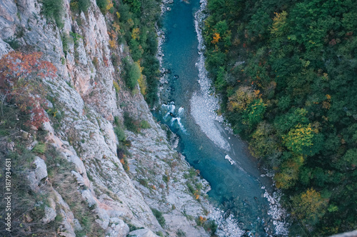 Aerial view of blue Tara river and deep canyon. Montenegro. Durmitor National Park.