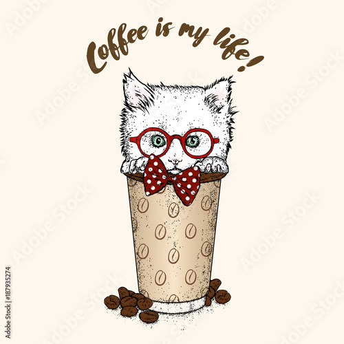 A small kitten is sitting in a glass for coffee. Vector illustration for a postcard or a poster, print for clothes.