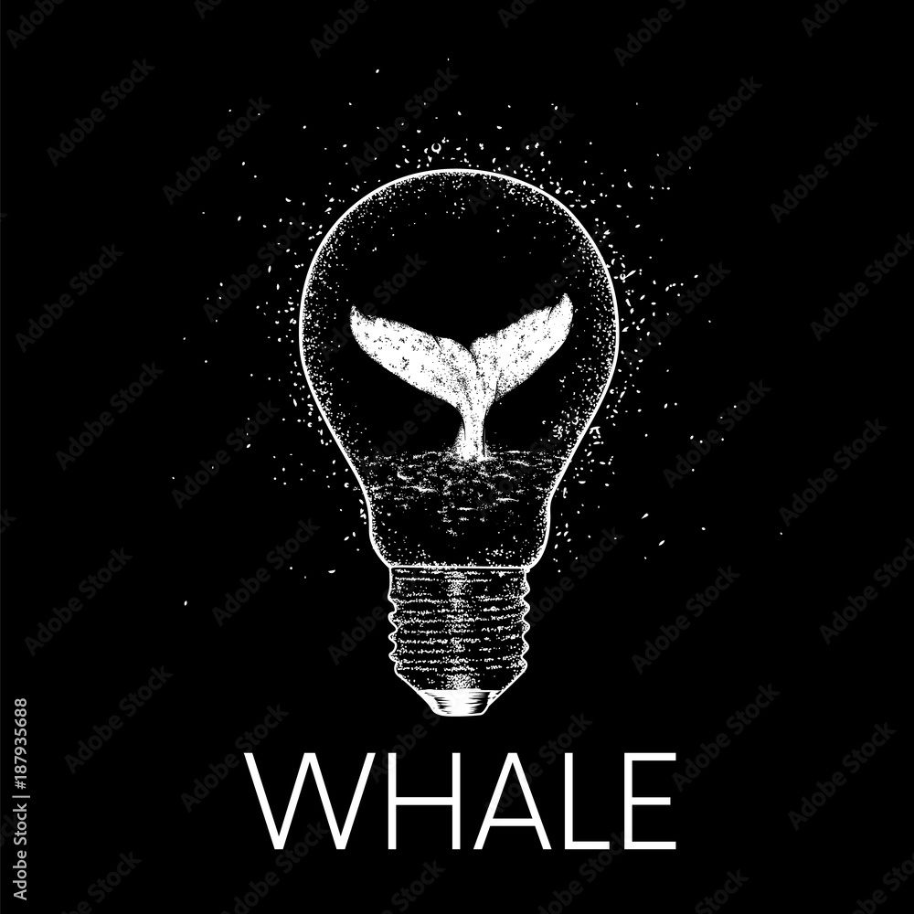 Fototapeta premium A whale diving into the water. Vector illustration for a postcard or a poster, print for clothes. Sea and ocean. A whale inside an electric bulb.