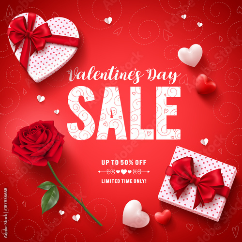 Valentines day sale text vector banner design with love gifts, rose and hearts in red pattern background for valentines day discount promotion. Vector illustration.
