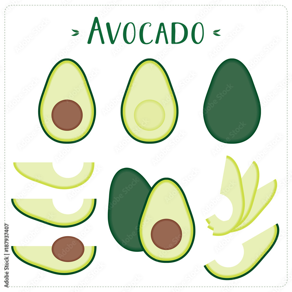 Avocado vector illustration set. Whole, sliced and halved avocado graphics. Avocado vector illustration set. Whole, sliced and halved avocado graphics.