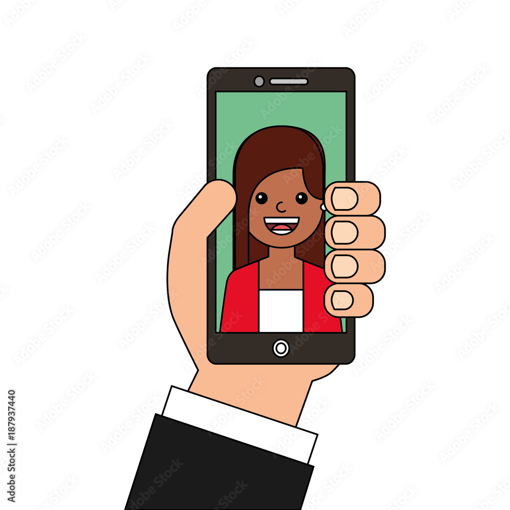 young woman happy in smartphone avatar character vector illustration design