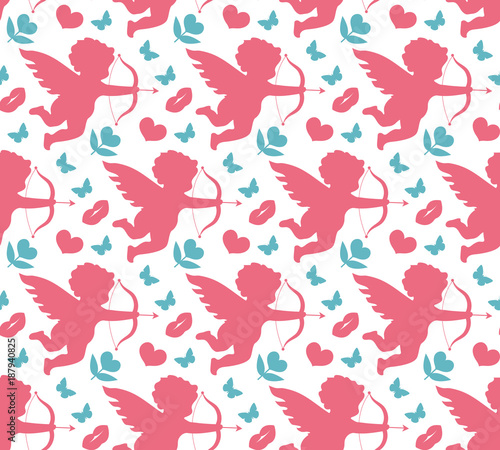Happy Valentine's Day seamless pattern. Cute romantic love endless background. Cupid, heart repeating texture. Vector illustration