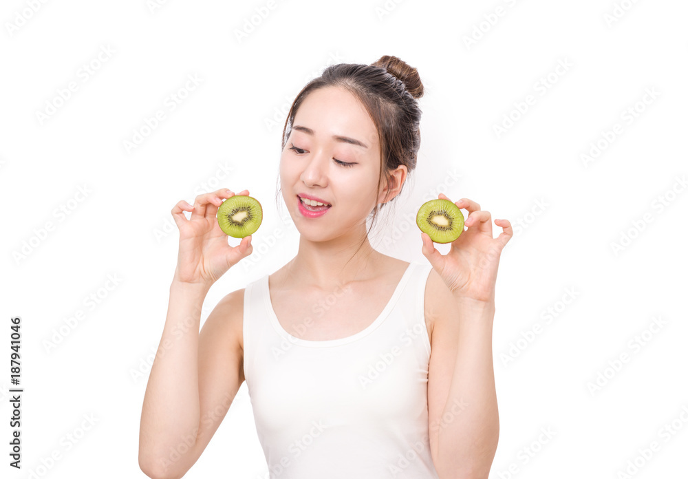 Kiwi is great for health - Healthy fruit. Funny bezutiful woman holding kiwi fruit Kiwi is great for health - Healthy fruit. Funny bezutiful woman holding kiwi fruit