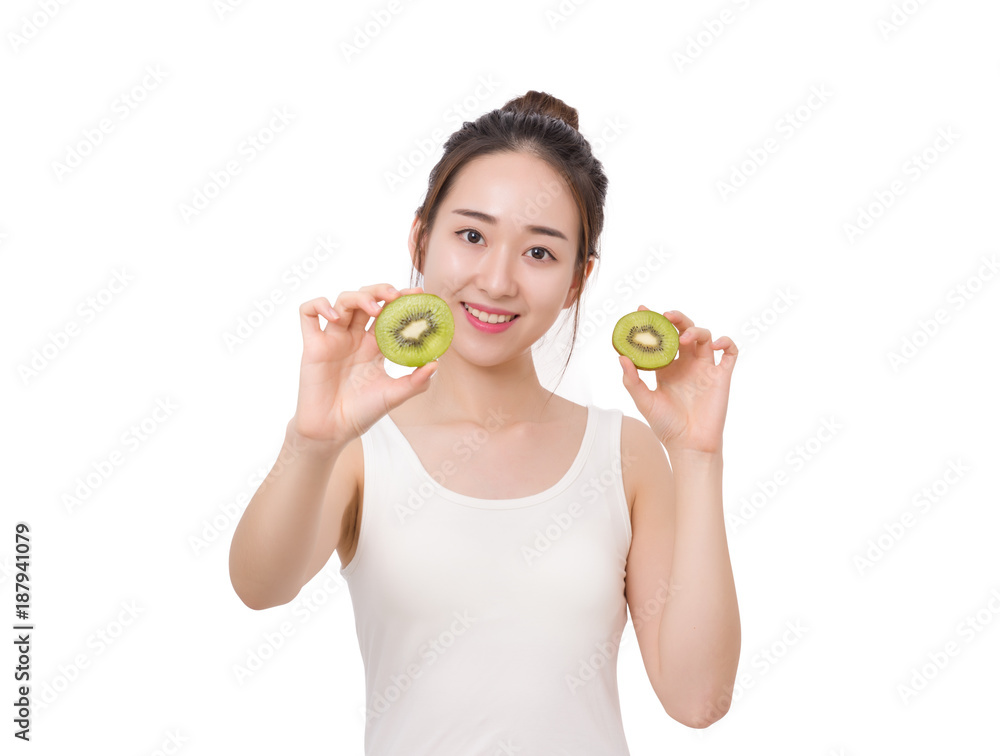Kiwi is great for health - Healthy fruit funny woman holding kiwi fruit Kiwi is great for health - Healthy fruit funny woman holding kiwi fruit