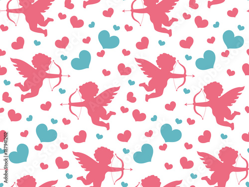 Happy Valentine's Day seamless pattern. Cute romantic love endless background. Cupid, heart repeating texture. Vector illustration