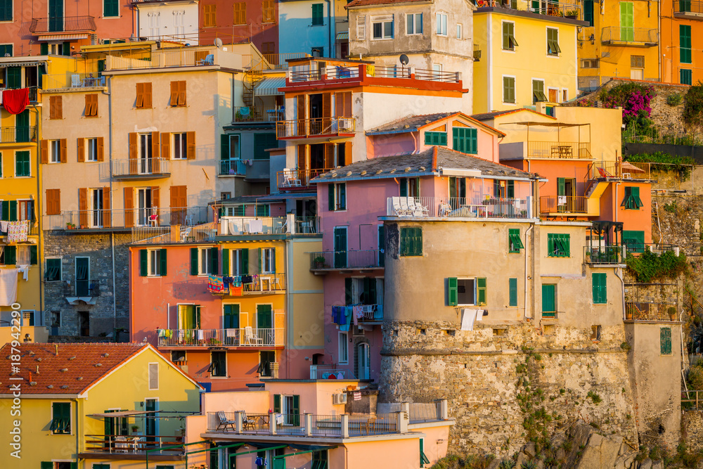 Colorful Italian cliff houses in Manarola in Cinque Terre.