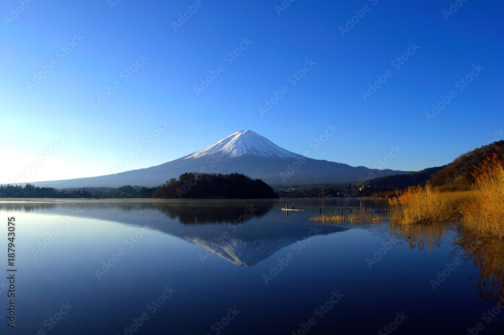  01/13/2018Mount Fuji in the early morning on a blue sky from Lake