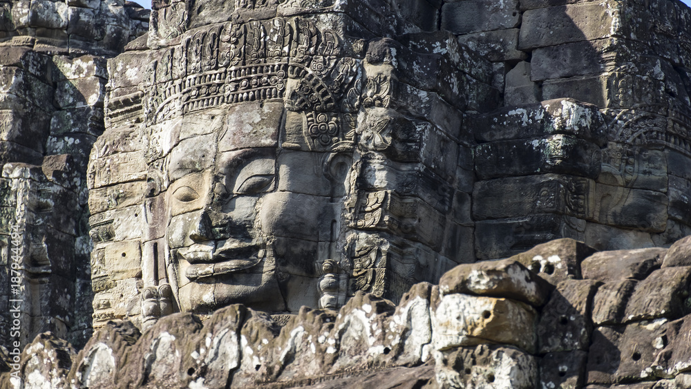Closeup stone face of prasat Bayon temple