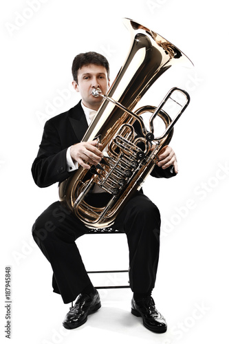 Tuba brass instrument. Wind classical musician isolated
