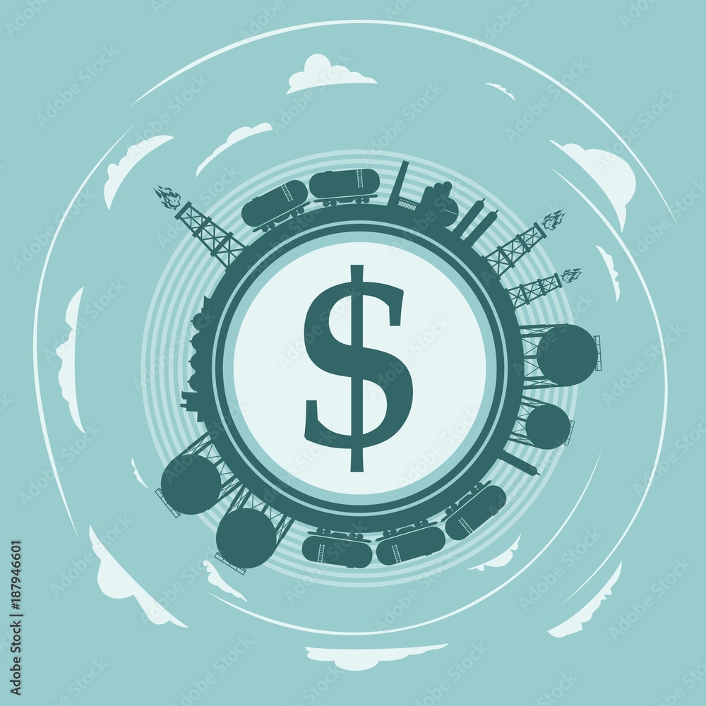 Circle with energy relative silhouettes. Objects located around circle. Dollar sign in the center of circle. Modern brochure, report or leaflet design template. Circle with energy relative silhouettes. Objects located around circle. Dollar sign in the center of circle. Modern brochure, report or leaflet design template.