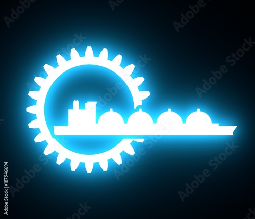 Shipping relative emblem. Nuatical cargo tank in gear icon. 3D rendering. Neon bulb illumination photo