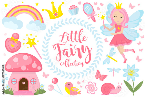Little fairy set, cartoon style. Cute and mystical collection for girls with fairytale forest princess, magic wand, mushroom house, rainbow, mirror, birds, butterflies, flowers. Vector illustration