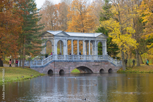 Marble bridge in the golden autumn. Walking through Tsarskoe Selo