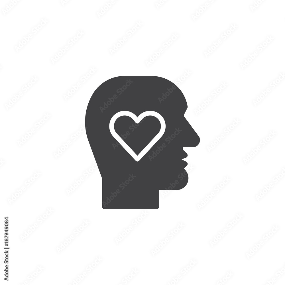 Human head with heart icon vector, filled flat sign, solid pictogram isolated on white. Lover head symbol, logo illustration.