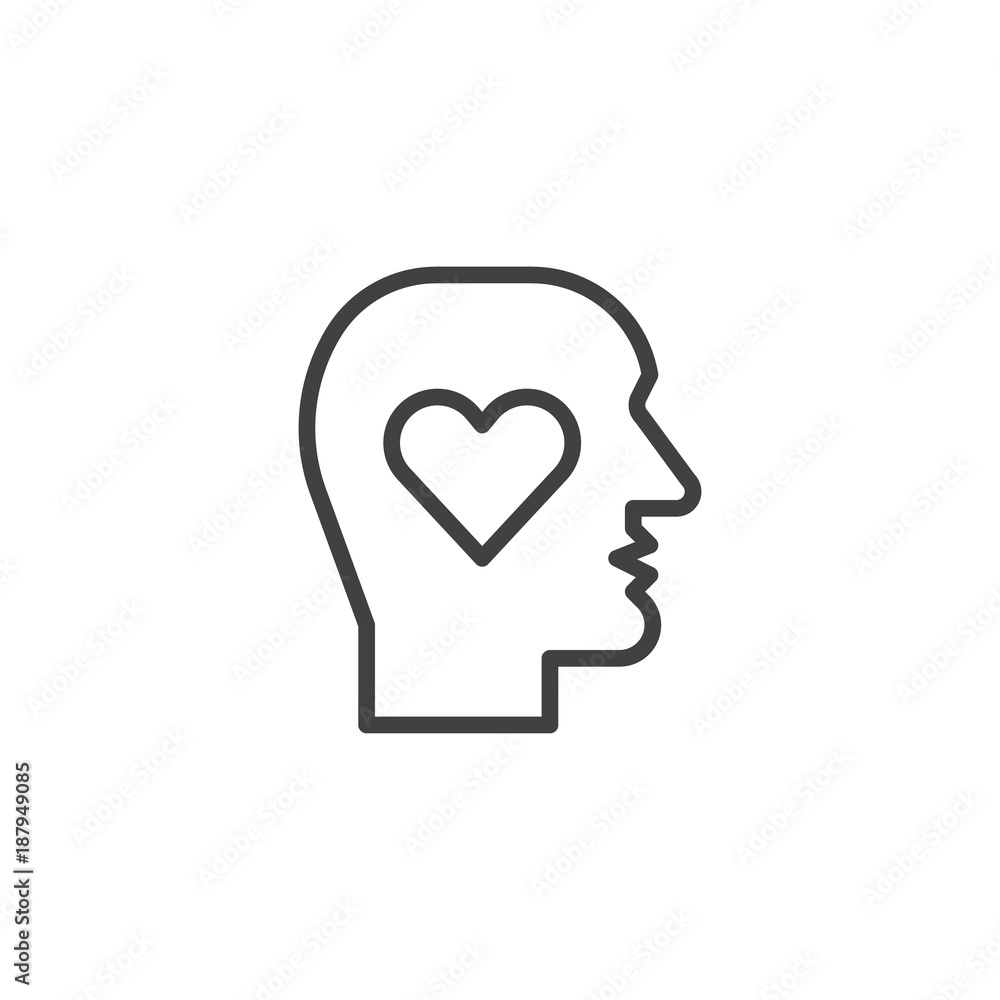 Human head with heart line icon, outline vector sign, linear style pictogram isolated on white. Lover head symbol, logo illustration. Editable stroke Human head with heart line icon, outline vector sign, linear style pictogram isolated on white. Lover head symbol, logo illustration. Editable stroke