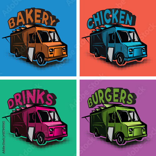 set of vector multicolored templates for fast food cars