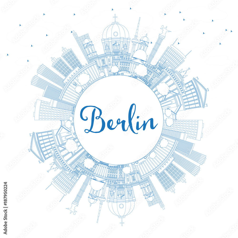 Fototapeta premium Zarys panoramę miasta Berlin Niemcy z niebieskimi budynkami i miejscem na kopię.