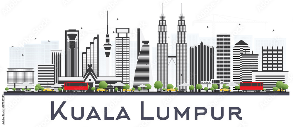 Kuala Lumpur Malaysia City Skyline with Gray Buildings Isolated on White Background.