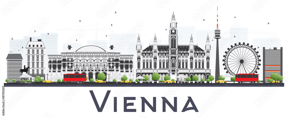Naklejka premium Panoramę miasta Wiedeń Austria z szarymi budynkami na białym tle.