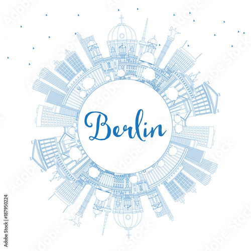 Outline Berlin Germany City Skyline with Blue Buildings and Copy Space.