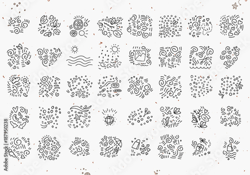 Travel and summer decorative elements. Elements to create summer beach and holiday, travelling illustration, hand draw cartoon style