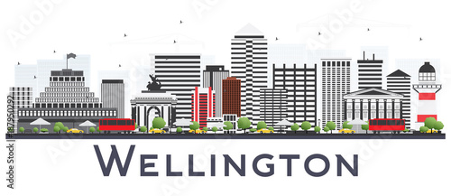Wellington New Zealand City Skyline with Gray Buildings Isolated on White Background.