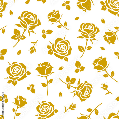 Seamless pattern with yellow rose silhouette on white background. Floral wallpaper. Vector illustration. 