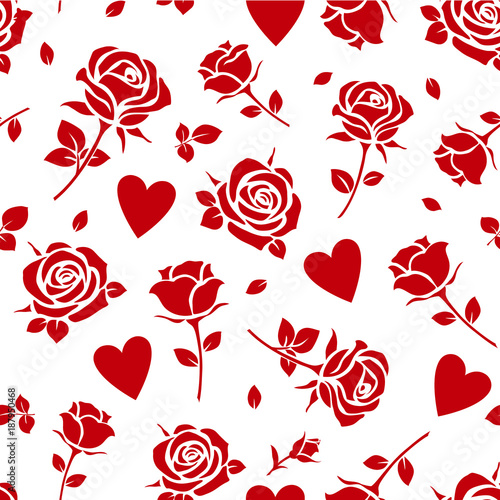 Valentines Day seamless pattern with red rose and heart silhouette on white background. Love wallpaper. Vector illustration