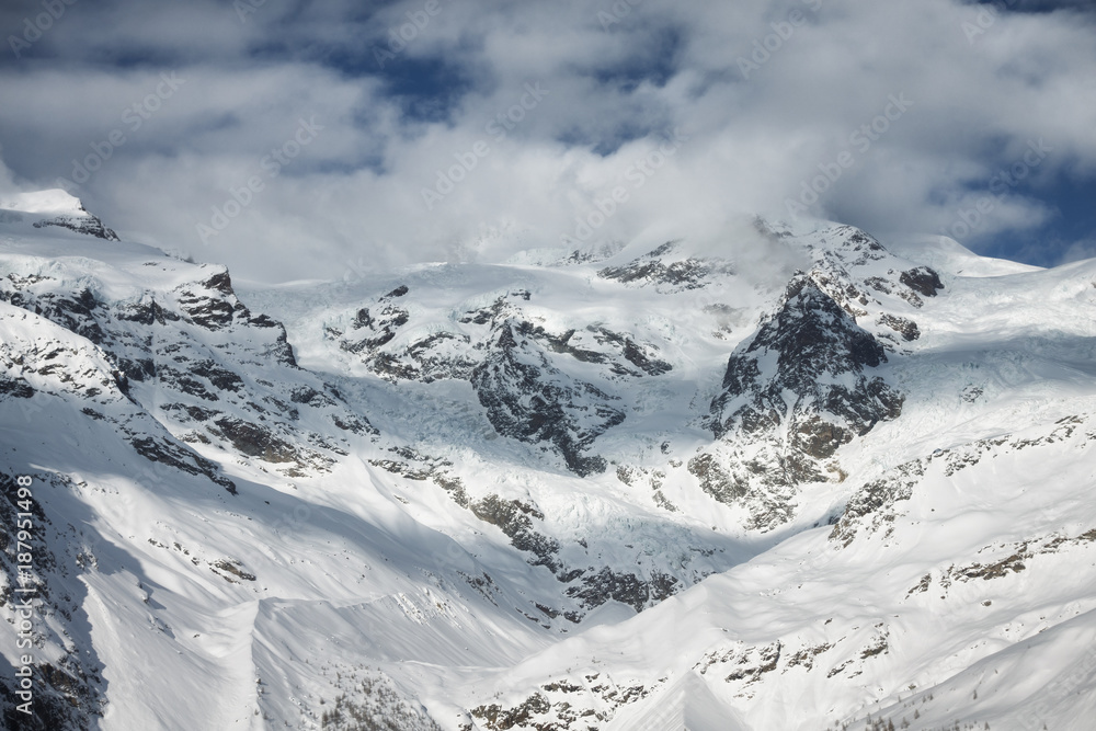 Monte Rosa glacier from Gressoney, Italy. Winter mountain landscape.