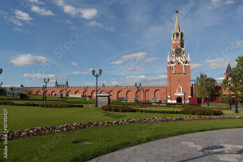 Clock tower in Kremlin in spring, grass and blooming flowers