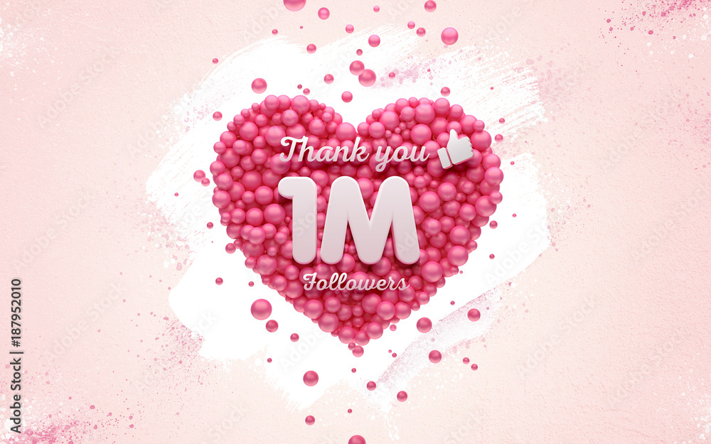 1M or 1000000 followers thank you Pink heart and red balloons, ball. 3D Illustration for Social Network friends, followers, Web user Thank you celebrate of subscribers or followers and likes.