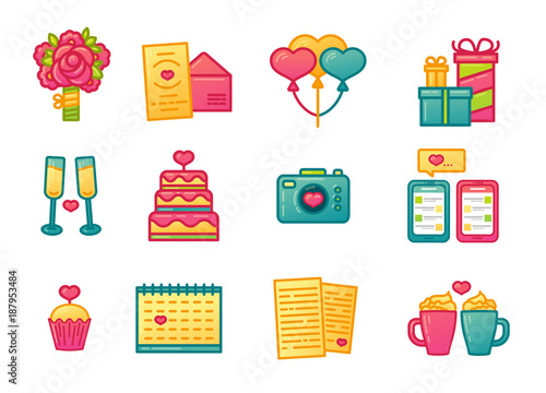 Set color design icon for valnetine's day.  Romanic symbol wih cake, heart, flower and couple mug. Vector logo with element love. Badge for promotion valentine holiday.