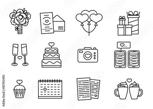 Set line design icon for valnetine's day.  Romanic symbol wih cake, heart, flower and couple mug. Vector logo with element love. Badge for promotion valentine holiday.