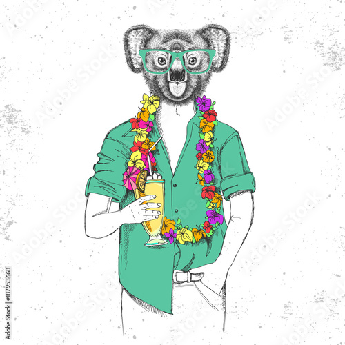 Retro Hipster animal koala with tropic cocktail