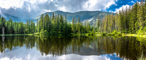 Panorama of mountain lake in Tatra Mountains, National Park in Poland, summer landscape