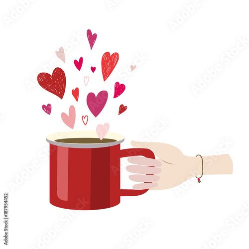 Valentines Day Woman Hand Holding red cup Latte Americano Espresso. Flat Design Vector Illustration