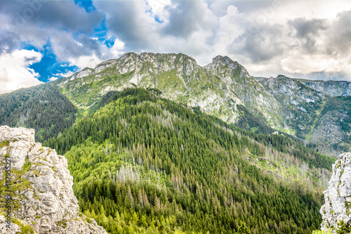 Fototapeta Naklejka Na Ścianę i Meble -  Panorama of mountains, spring landscape, mountain range covered