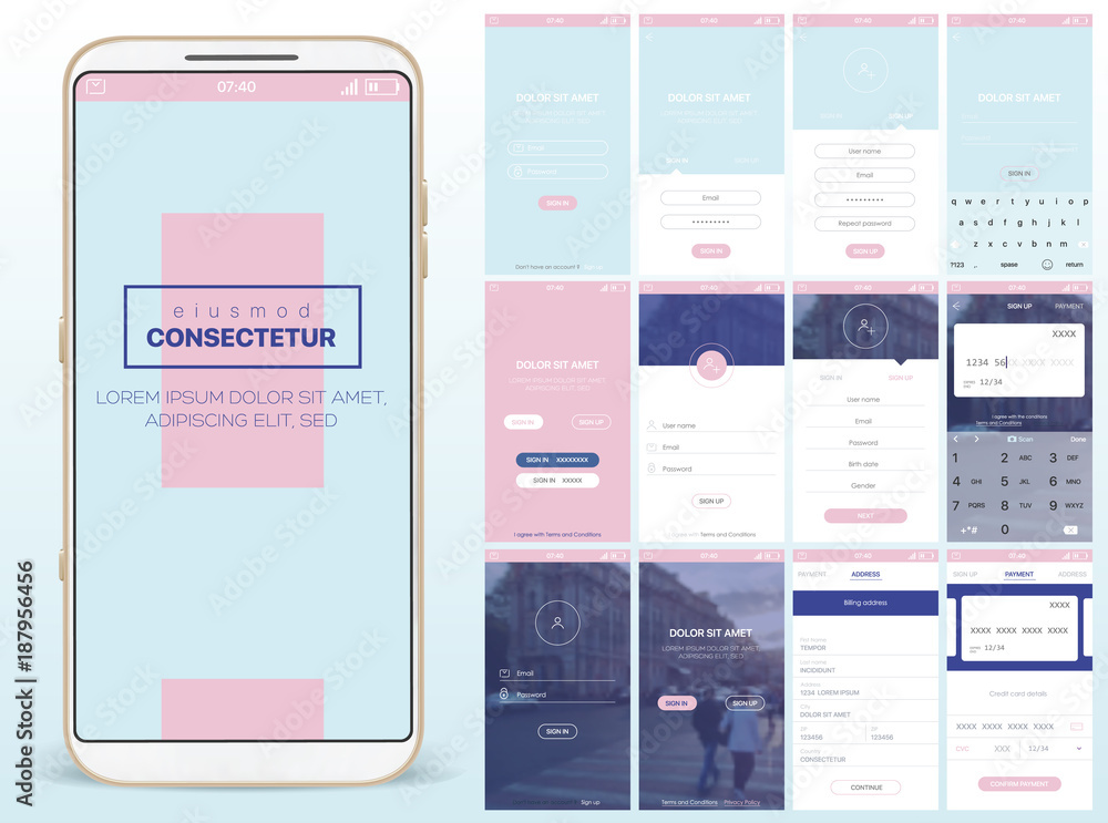 Design of mobile app, UI, UX, GUI. Set of user registration screens ...
