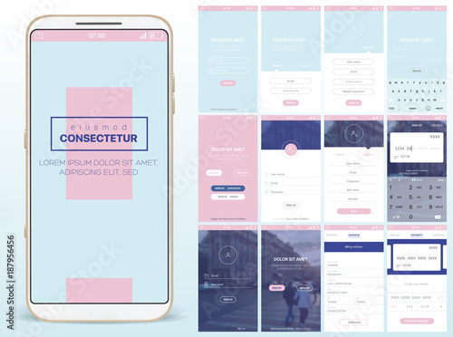 Design of mobile app, UI, UX, GUI. Set of user registration screens, account sign in, sign up, home page, news search, concept chat Messenger and settings