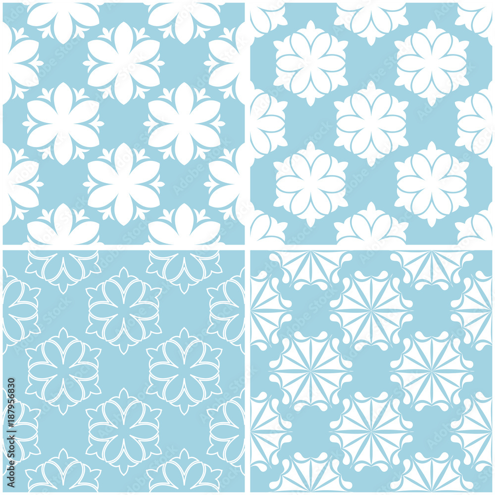 Floral patterns. Set of blue and white seamless backgrounds Floral patterns. Set of blue and white seamless backgrounds