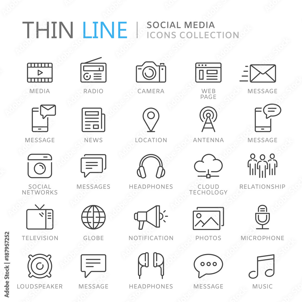 Collection of social media thin line icons - obrazy, fototapety, plakaty 