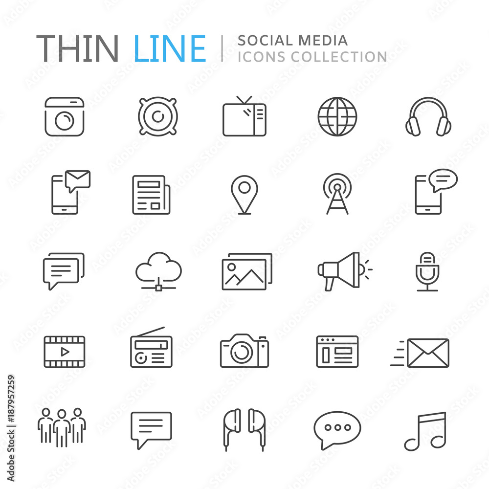 Collection of social media thin line icons Collection of social media thin line icons