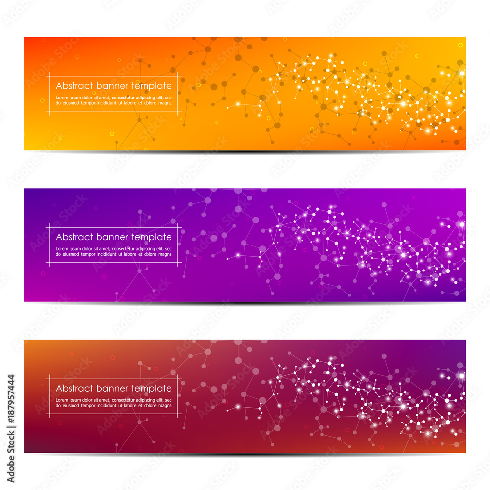 Set of abstract banner design, dna molecule structure background. Geometric graphics and connected lines with dots. Scientific and technological concept, vector illustration. Set of abstract banner design, dna molecule structure background. Geometric graphics and connected lines with dots. Scientific and technological concept, vector illustration.