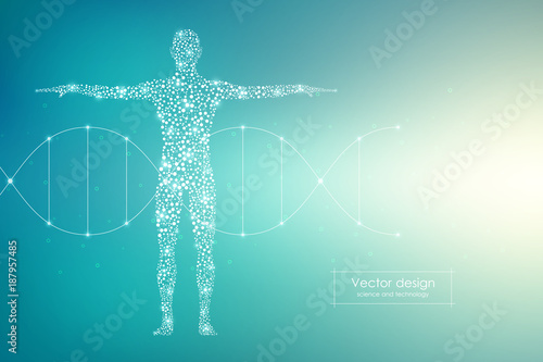 Vector human body with molecules DNA. Medicine, science and technology concept.