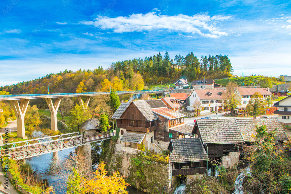      Village of Rastoke near Slunj in Croatia, old water mills on waterfalls of Korana river, beautiful countryside landscape 