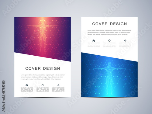 Cover or poster design with human body, scientific and technological concept, vector illustration.